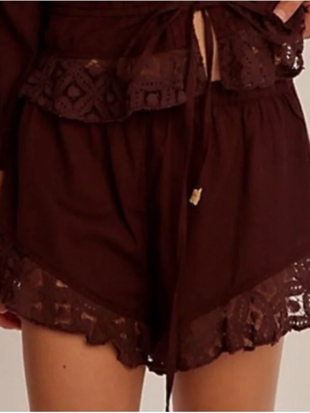 Free People Brown Lace-Trim Shorts